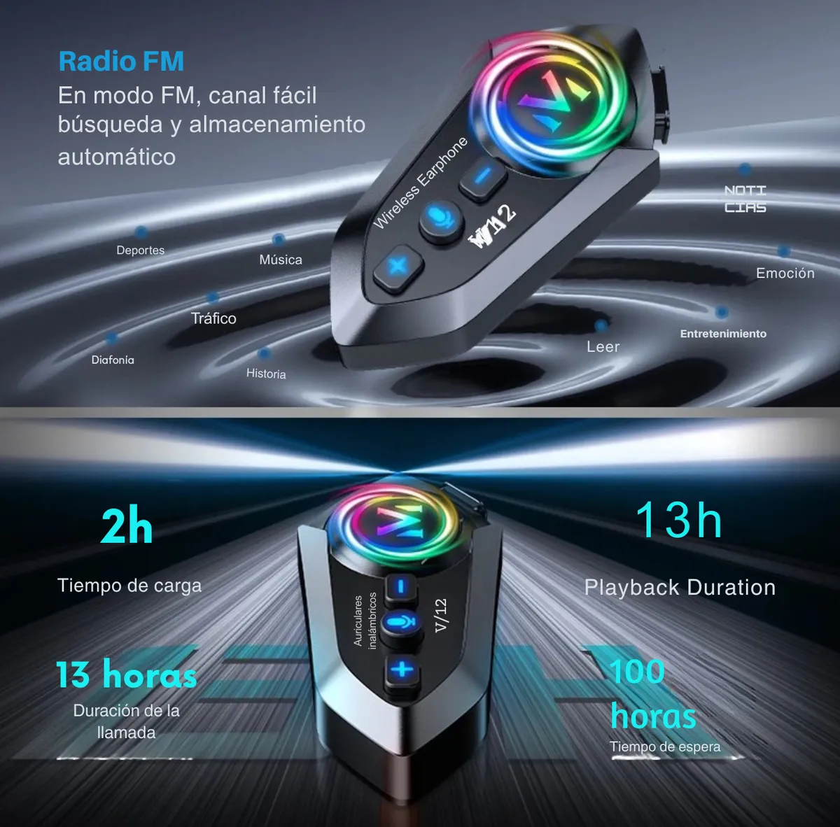 Auricular Bluetooth Y12 Casco Moto Radio Fm Alta Fidelidad - Image 4